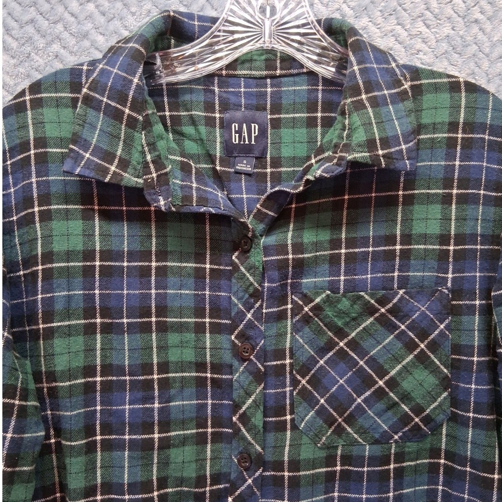 Gap Womens Green Blue Plaid Flannel Button Down Shirt Long Sleeve Small Pocket